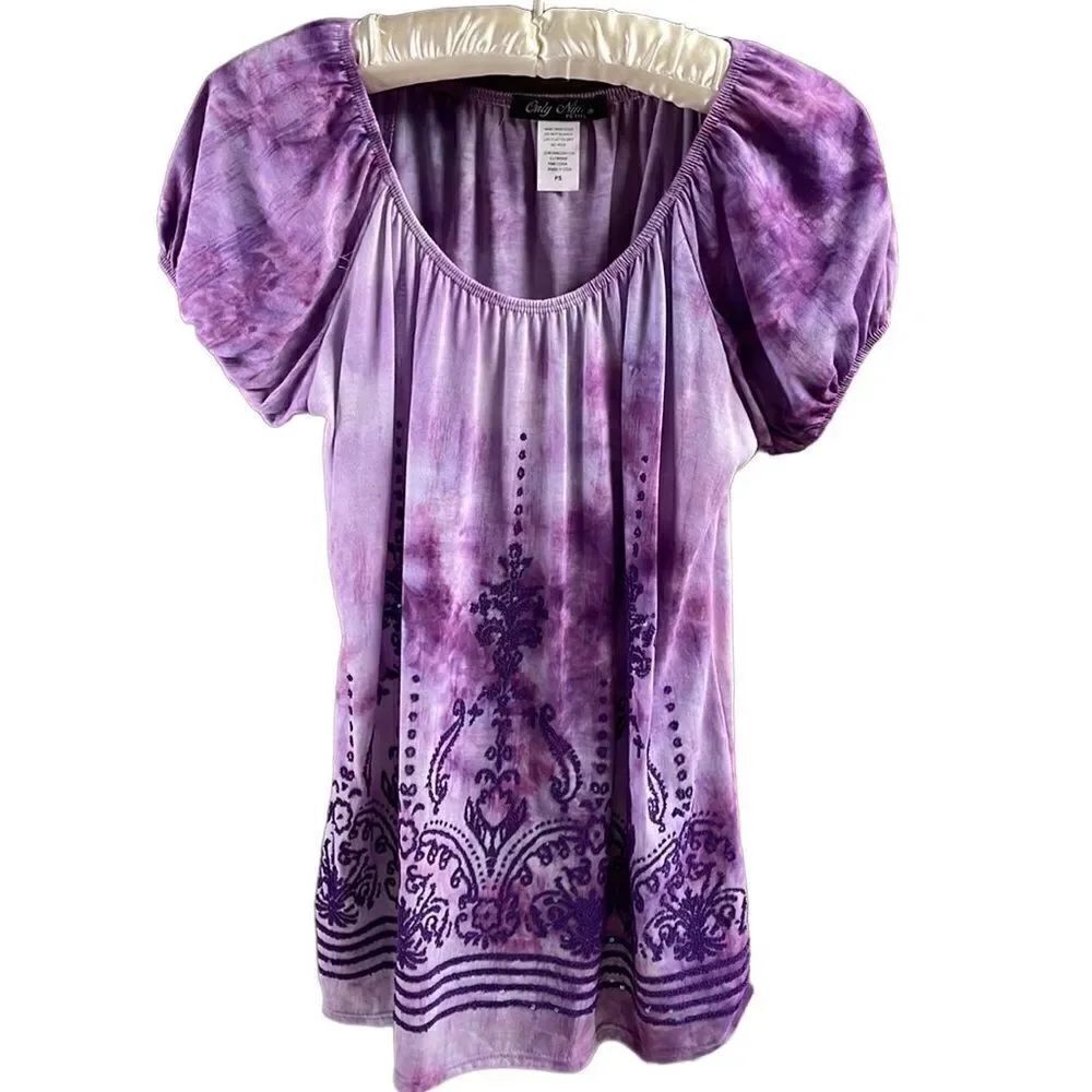 Only Nine Ladies Scoop Neck Embellished Top,Sz Petite Small,Purple Tye Dye Look